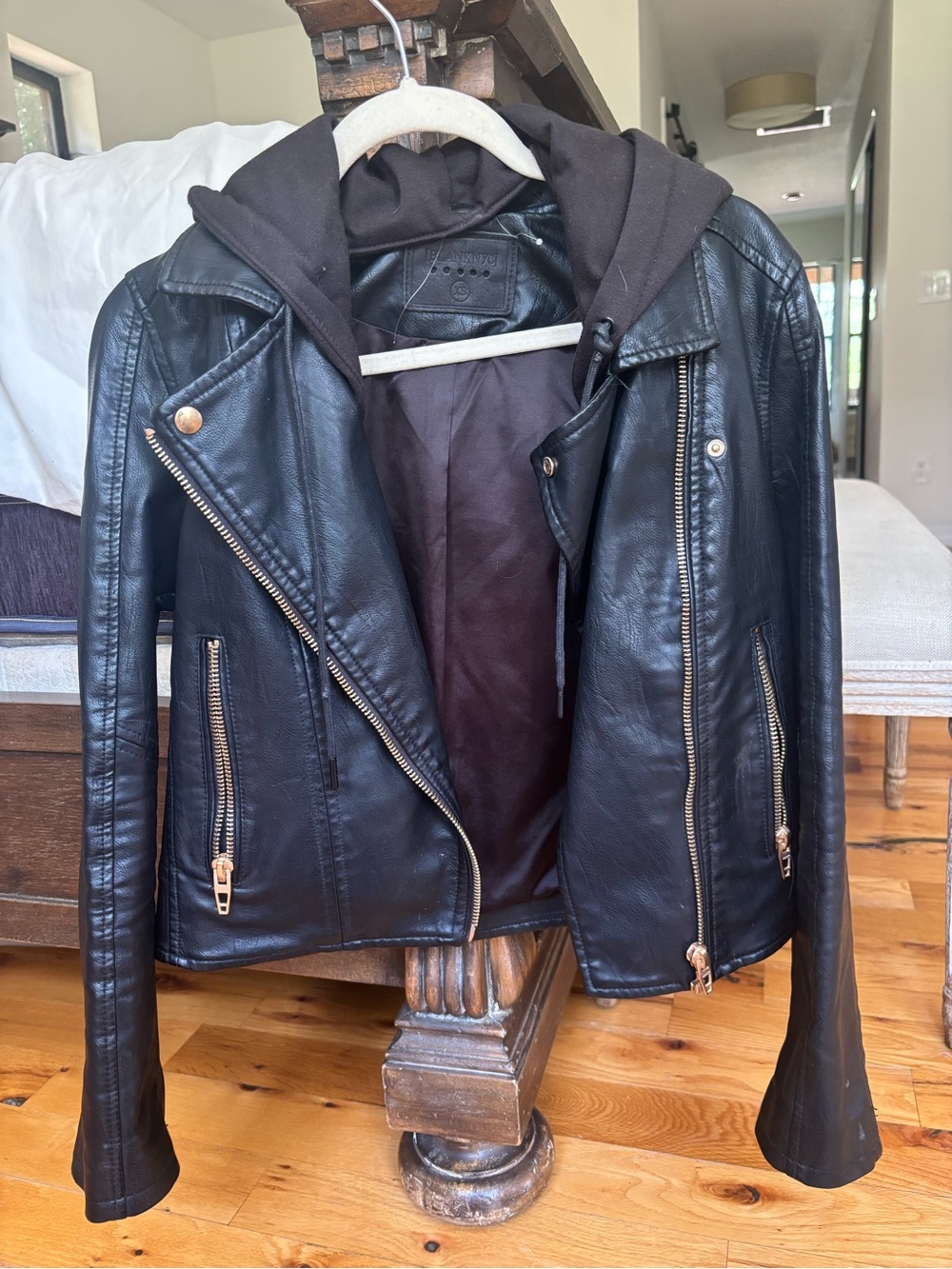 Blank NYC Black Leather Hooded Moto Jacket with Gold Zippers